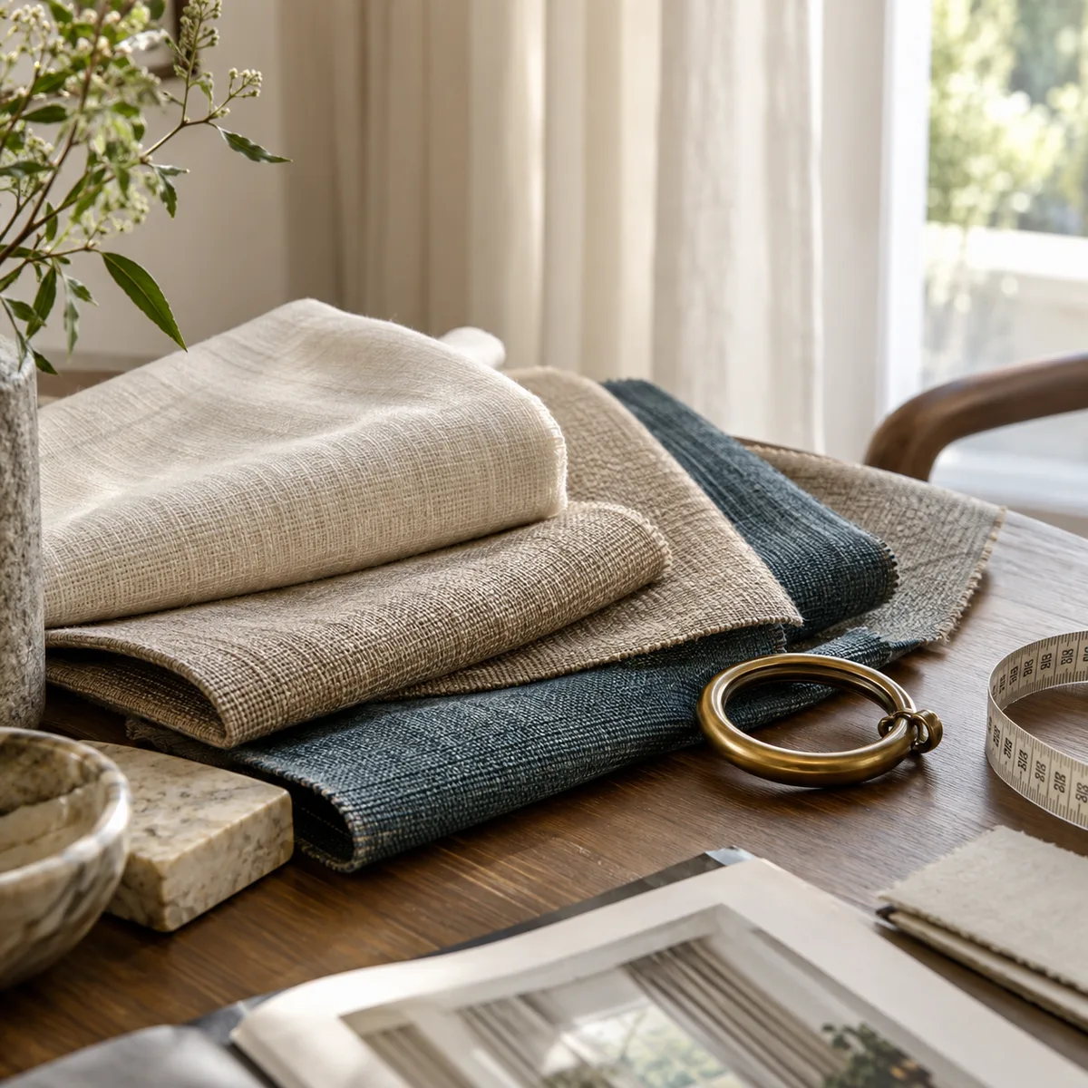 Design inspiration: curtain fabric samples, a brass ring and measuring tape on an oak consultation table
