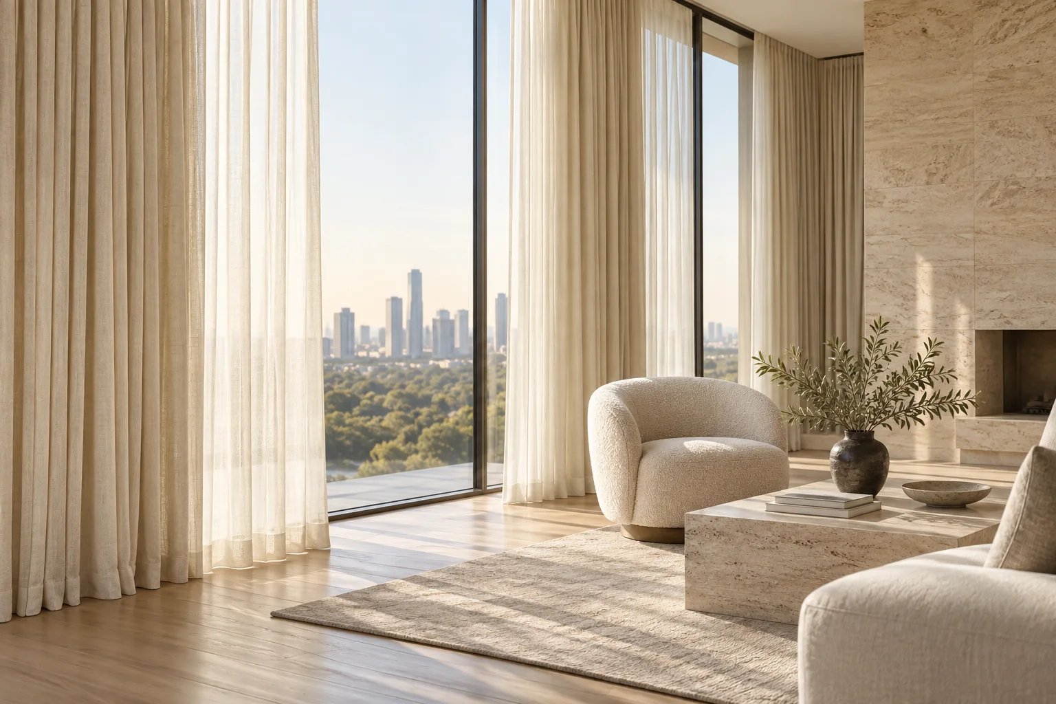 Design inspiration: ivory linen curtains and sheers in a sunlit living room